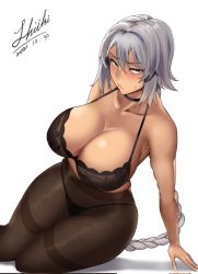 Rule 34 | 1girl, black bra, black panties, black pantyhose, blush, borrowed character, bra, braid, braided ponytail, breasts, choker, cleavage, collarbone, dated, gift art, green eyes, hair intakes, highres, huge breasts, lace, lace bra, lips, long braid, long hair, looking at viewer, lying, on side, original, panties, pantyhose, sable (demie), second-party source, shiki (love-saber), signature, silver hair, solo, sweatdrop, thick thighs, thighband pantyhose, thighs, underwear, underwear only, very long hair