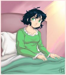 Rule 34 | bed, bed sheet, bedroom, black hair, buttercup (ppg), buttercup redraw challenge (meme), green eyes, half-closed eyes, luichi88, meme, messy hair, nightgown, powerpuff girls