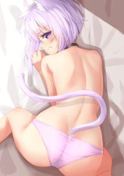 Rule 34 | 1girl, absurdres, ahoge, all fours, animal ear fluff, animal ears, ass, back, bed sheet, black choker, cat ears, cat girl, cat tail, choker, clenched teeth, highres, hololive, nekomata okayu, panties, parted lips, pink panties, purple eyes, purple hair, short hair, solo, starkamisan, tail, teeth, topless, trefoil, underwear, underwear only, v-shaped eyebrows, virtual youtuber