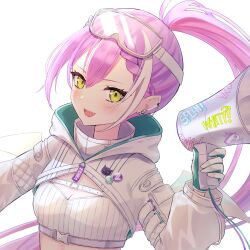 Rule 34 | 1girl, breasts, chain earrings, cleavage, commentary request, crop top, earrings, fangs, gloves, goggles, goggles on head, green eyes, green gloves, highres, holding, holding megaphone, hololive, hood, hood down, hoodie, jewelry, long hair, megaphone, open mouth, ponytail, purple hair, small breasts, solo, teeth, tokoyami towa, tokoyami towa (5th costume), two-tone gloves, uni (maru231), upper body, upper teeth only, virtual youtuber, white gloves, white hoodie
