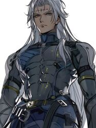 Rule 34 | 1boy, armor, belt, belt buckle, black belt, blue eyes, buckle, calcharo (wuthering waves), chadetteisgiga, chest harness, closed mouth, commentary, compression shirt, covered abs, english commentary, facial mark, forehead mark, from below, frown, grey shirt, harness, highres, long hair, looking at viewer, male focus, multiple belts, parted bangs, pectorals, serious, shirt, shoulder armor, sidelocks, simple background, solo, standing, tacet mark (wuthering waves), turtleneck, v-shaped eyebrows, very long hair, white background, white hair, wuthering waves
