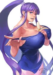 Rule 34 | 1girl, banana, between breasts, blue one-piece swimsuit, breast press, breasts, eating, eiken, female focus, food, fruit, huge breasts, iroai midodo, long hair, looking at viewer, misono kirika, one-piece swimsuit, open mouth, ponytail, pulled by self, purple eyes, purple hair, smile, solo, swimsuit, very long hair