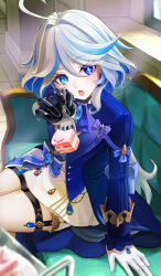 1girl absurdres ahoge artist_logo artist_name ascot asymmetrical_gloves black_gloves blue_ascot blue_eyes blue_hair blue_jacket cake cake_slice drop-shaped_pupils food furina_(genshin_impact) genshin_impact gloves hair_between_eyes heterochromia highres incoming_food jacket kaaaaak553 light_blue_hair long_hair long_sleeves looking_at_viewer mismatched_gloves mismatched_pupils multicolored_hair open_mouth ouji_fashion shorts signature sitting solo streaked_hair symbol-shaped_pupils thigh_strap white_gloves white_shorts