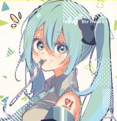 Rule 34 | 1girl, absurdres, aqua hair, bare shoulders, black bow, blush, bow, closed mouth, collared shirt, commentary, detached sleeves, diagonal stripes, food, food on face, green eyes, green necktie, grey shirt, hair between eyes, hair bow, happy birthday, hatsune miku, highres, long hair, looking at viewer, mouth hold, necktie, notice lines, shirt, signature, sleeveless, sleeveless shirt, sofra, solo, striped, twintails, twitter username, upper body, utensil in mouth, vocaloid
