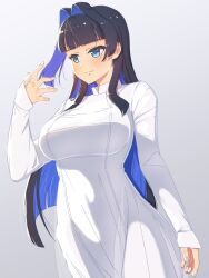 Rule 34 | 1girl, absurdres, alternate costume, black hair, blue eyes, blue hair, breasts, chinese clothes, closed mouth, colored inner hair, commission, dress, highres, hololive, hololive english, large breasts, loeldrive, long hair, looking at viewer, multicolored hair, ouro kronii, pixiv commission, sidelocks, smile, solo, virtual youtuber, white dress