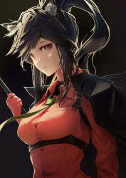 Rule 34 | 1girl, absurdres, animal ear fluff, animal ears, arknights, black background, black hair, black jacket, breasts, brown eyes, collared shirt, gloves, green necktie, highres, holding, jacket, jacket on shoulders, large breasts, long hair, looking at viewer, necktie, official alternate costume, parted lips, ponytail, red gloves, red shirt, renkon logistics, shirt, sidelocks, simple background, solo, texas (arknights), texas (willpower) (arknights), upper body, wolf ears