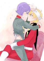 Rule 34 | 2boys, arm around waist, black cape, blue eyes, blush, brown eyes, cape, char aznable, closed mouth, crossed legs, eye contact, garma zabi, gloves, green jacket, green pants, gundam, hand on another&#039;s ass, hand on another&#039;s head, hand under clothes, hand under shirt, heart, high collar, jacket, long hair, long sleeves, looking at another, male focus, meiko (hishi), military uniform, mobile suit gundam, multiple boys, open mouth, pants, pink background, purple hair, red jacket, red pants, shirt, short hair, simple background, sparkle, straddling, uniform, upright straddle, white background, white gloves, yaoi