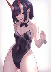 Rule 34 | 1girl, absurdres, alternate costume, animal ears, black leotard, blush, bob cut, breasts, covered navel, detached collar, eyeliner, fake animal ears, fate/grand order, fate (series), highleg, highleg leotard, highres, horns, kohaku teru, leotard, looking at viewer, makeup, nontraditional playboy bunny, oni, open mouth, playboy bunny, purple eyes, purple hair, rabbit ears, short hair, shuten douji (fate), skin-covered horns, small breasts, smile, solo, strapless, strapless leotard, thighs, wrist cuffs