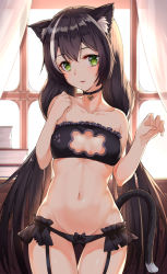 Rule 34 | 1girl, animal ear fluff, animal ears, bandeau, bare arms, bare shoulders, bell, black bra, black choker, black hair, black panties, blush, book, bow, bow panties, bra, breasts, cat ears, cat lingerie, cat tail, choker, cleavage cutout, clothing cutout, collarbone, commentary request, cowboy shot, curtains, garter straps, green eyes, groin, hands up, highres, indoors, jingle bell, karyl (princess connect!), long hair, looking at viewer, meme attire, multicolored hair, navel, neck bell, panties, parted lips, paw print, princess connect!, small breasts, smile, snozaki, solo, standing, stomach, strapless, strapless bra, streaked hair, tail, thighs, tube top, underwear, underwear only, very long hair, white hair, window