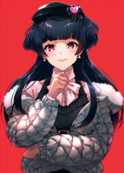 Rule 34 | 1girl, alternate eye color, beret, black bow, black hair, black hat, blunt bangs, bow, bowtie, brown gloves, collared shirt, commentary request, earrings, fur-trimmed jacket, fur trim, gloves, hand up, hat, hat bow, highres, hood, hood down, hooded jacket, idolmaster, idolmaster shiny colors, jacket, jewelry, light blush, long hair, long sleeves, looking at viewer, mayuzumi fuyuko, mikel (4hands), off shoulder, open clothes, open jacket, parted lips, pink bow, pink bowtie, pink eyes, pink shirt, red background, shirt, sidelocks, simple background, smile, solo, triangle earrings, upper body, white jacket