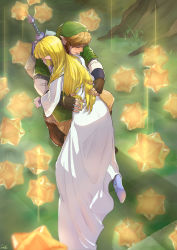 Rule 34 | 1boy, 1girl, armor, blonde hair, blunt bangs, blush, chainmail, closed eyes, couple, dress, fingerless gloves, full body, gloves, green headwear, green tunic, hands on another&#039;s back, highres, hug, link, long dress, long hair, long sleeves, nintendo, outdoors, parted lips, pointy ears, pra 11, princess zelda, shield, shield on back, shirt, sidelocks, sitting, smile, sword, the legend of zelda, the legend of zelda: skyward sword, tree, weapon, weapon on back, white dress, white shirt, wide sleeves