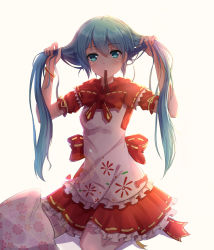 Rule 34 | 1girl, backlighting, blue eyes, blue hair, bow, bunching hair, byakuya reki, cosplay, hatsune miku, holding, holding own hair, little red riding hood, little red riding hood (grimm), little red riding hood (grimm) (cosplay), long hair, looking at viewer, mikuzukin (module), mouth hold, project diva (series), puffy sleeves, revision, ribbon, ribbon in mouth, shirt, sitting, skirt, solo, twintails, very long hair, vocaloid, wariza