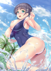 Rule 34 | 10s, 1girl, ass, black hair, blush, breasts, breasts out, clothes pull, cloud, competition school swimsuit, covered navel, day, female focus, green eyes, hair ornament, hairclip, kawase seiki, kirigaya suguha, large breasts, nipples, one-piece swimsuit, one-piece swimsuit pull, open mouth, palm tree, pulling own clothes, school swimsuit, short hair, sky, soaking feet, solo, swimsuit, sword art online, tree, wading, water, wet