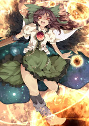 Rule 34 | 1girl, arm cannon, black hair, black sun, bow, brown hair, cape, crazy eyes, evil smile, female focus, fiery wings, fire, hair bow, hair ribbon, long hair, open mouth, outstretched arms, puffy sleeves, red eyes, reiuji utsuho, ribbon, short sleeves, skirt, smile, solo, sun, third eye, touhou, uruu gekka, weapon, wings