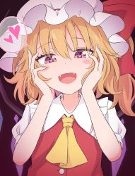 Rule 34 | 1girl, ascot, blonde hair, blush, bow, brown background, buttons, collared shirt, commentary, commentary request, crystal, dress, eyes visible through hair, fang, fangs, flandre scarlet, hair between eyes, hands on own cheeks, hands on own face, hands up, haruki reimari, hat, hat ribbon, heart, heart-shaped pupils, jewelry, looking at viewer, mob cap, multicolored wings, one side up, open mouth, pink eyes, puffy short sleeves, puffy sleeves, red background, red bow, red dress, red eyes, red ribbon, ribbon, shirt, short hair, short sleeves, simple background, smile, solo, symbol-shaped pupils, tongue, touhou, vampire, white hat, white shirt, wings, yandere trance, yellow ascot
