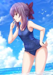 Rule 34 | 10s, 1girl, bow, brown eyes, cloud, day, flat chest, hair bow, hair up, half updo, hand on own hip, highres, hiiragi shinoa, kazenokaze, one-piece swimsuit, owari no seraph, purple hair, ribbon, school swimsuit, sky, smile, soaking feet, solo, standing, swimsuit, wading, water, wet, wet clothes, wet swimsuit