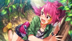 Rule 34 | 1girl, blush, boots, game cg, idolmaster, idolmaster million live!, idolmaster million live! theater days, jewelry, leaf, maihama ayumu, necklace, official art, open mouth, pink eyes, pink hair, ponytail, scared, short shorts, shorts, snake, sunglasses, tears, tree