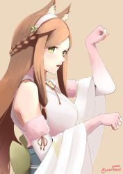Rule 34 | 1girl, absurdres, animal ears, bell, cat ears, cosplay, fan la norne, feather hair, fingerless gloves, fire emblem, fire emblem fates, fire emblem heroes, fur trim, gloves, hair ornament, hairband, highres, japanese clothes, jewelry, kimono, long hair, looking at viewer, nintendo, paw pose, ribbon, sakura (fire emblem), sakura (fire emblem) (cosplay), simple background, skeptycally, sleeveless, solo, xenoblade chronicles (series), xenoblade chronicles 2, xenoblade chronicles (series), xenoblade chronicles 2, xenoblade chronicles 2: torna - the golden country, yellow eyes