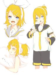 Rule 34 | 1girl, :t, androgynous, blonde hair, blue eyes, blush, cosplay, costume switch, crossdressing, detached sleeves, fang, hair ornament, hairclip, headphones, headset, highres, kagamine len, kagamine len (cosplay), kagamine rin, leg warmers, looking at viewer, nail polish, necktie, oyamada gamata, pillow, puffy cheeks, sailor collar, shorts, siblings, straight hair, treble clef, twins, vocaloid, yellow neckwear