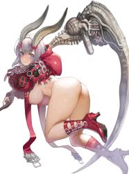 Rule 34 | 1girl, ass, bent over, blush, bottomless, breast curtains, breasts, closed mouth, demon girl, demon horns, grey eyes, grey hair, heart, heart-shaped pupils, high heels, highres, holding, holding scythe, hood, hood down, hoodie, horns, large breasts, looking at viewer, nipples, nishii (damnedrive), original, scythe, simple background, smile, solo, symbol-shaped pupils