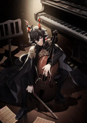 Rule 34 | 1boy, animal ears, arknights, ascot, black hair, black suit, blood, blood on face, blood on hands, bow (music), broken string, brooch, cello, commentary, crossed bangs, crossed legs, ebenholz (arknights), edo-sama, epaulettes, formal, frown, full body, goat boy, goat ears, goat horns, highres, holding, holding bow (music), holding instrument, horns, instrument, jewelry, male focus, music stand, piano, purple eyes, sheet music, sidelocks, sitting, solo, suit, twitter username, white ascot, wooden floor