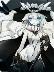 Rule 34 | 10s, 1girl, abyssal ship, bodysuit, cane, cape, cleavage cutout, clothing cutout, covered navel, front zipper swimsuit, gloves, green eyes, hat, highres, kantai collection, long hair, meme attire, one-piece swimsuit, orqz, pale skin, silver hair, solo, swimsuit, teeth, tentacles, wo-class aircraft carrier