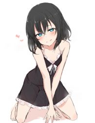 Rule 34 | 1girl, :q, bare arms, bare legs, bare shoulders, barefoot, black dress, black hair, blue eyes, blush, breasts, collarbone, commentary, dress, frilled dress, frills, hair between eyes, head tilt, heart, highres, kneeling, layla (mino), looking at viewer, medium hair, nonono (mino), original, ringed eyes, see-through, simple background, sketch, small breasts, solo, split mouth, tongue, tongue out, white background