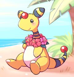 Rule 34 | ampharos, beach, blue sky, blush, creatures (company), day, flower, flower necklace, full body, game freak, gen 2 pokemon, grass, hibiscus, jewelry, lei, necklace, nintendo, no humans, ocean, outdoors, palm tree, pink flower, pokemon, pokemon (creature), red flower, sitting, sky, smile, solo, tansho, tree