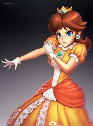 Rule 34 | 1girl, blue eyes, blush, breasts, brown hair, crown, dress, earrings, flower earrings, gloves, hat, hybridmink, jewelry, long hair, mario (series), medium breasts, nintendo, open mouth, princess daisy, smile, solo, super mario land, super smash bros., tomboy, white gloves