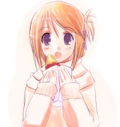 Rule 34 | 00s, 1girl, :o, bag, blush, folded ponytail, food, hair ornament, hairclip, holding, komaki manaka, long sleeves, lowres, open mouth, orange hair, purple eyes, scarf, simple background, solo, sweater, sweet potato, to heart (series), to heart 2, white background, yuunagi rin