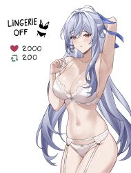 Rule 34 | 1girl, arm up, armpits, bare arms, bare shoulders, blue hair, blue ribbon, bra, breasts, chinoa, cleavage, commentary, cowboy shot, garter belt, groin, hair ribbon, highres, honkai: star rail, honkai (series), jingliu (honkai: star rail), large breasts, long hair, looking at viewer, meme, navel, panties, parted lips, pink eyes, ponytail, ribbon, simple background, solo, standing, stomach, thighs, twitter strip game (meme), underwear, underwear only, very long hair, white background, white bra, white panties