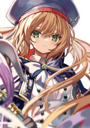 Rule 34 | 1girl, artoria caster (fate), artoria caster (second ascension) (fate), artoria pendragon (fate), beret, black gloves, blonde hair, blue cape, blue hat, blush, breasts, buttons, cape, double-breasted, dress, fate/grand order, fate (series), gloves, green eyes, hat, highres, holding, holding staff, hood, hooded cape, long hair, long sleeves, looking at viewer, multicolored cape, multicolored clothes, red cape, shino (eefy), small breasts, smile, solo, staff, twintails, white dress