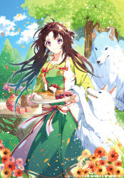Rule 34 | 1girl, blue eyes, blue sky, bow, brown eyes, brown hair, cake, cake slice, cloud, copyright name, copyright request, day, dessert, dress, flower, food, fruit, green dress, holding, holding tray, long hair, long sleeves, looking at viewer, mou (mooooow), official art, outdoors, red bow, sky, solo, standing, strawberry, teapot, tray, tree, wolf