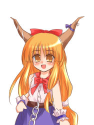 Rule 34 | 1girl, :d, bare shoulders, belt, blue skirt, bow, bowtie, chain, cowboy shot, fang, female focus, frills, horns, ibuki suika, long hair, looking at viewer, oni, open mouth, orange eyes, orange hair, red bow, red bowtie, simple background, skirt, smile, solo, touhou, very long hair, white background, wrist cuffs