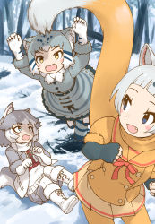Rule 34 | 3girls, animal ears, animal print, black gloves, blue eyes, blush, boots, bow, bowtie, cat ears, cat girl, cat print, cat tail, commentary request, dog (mixed breed) (kemono friends), dog ears, dog girl, dog tail, elbow gloves, fang, fangs, fingerless gloves, fur trim, gloves, grey fur, grey hair, grey jacket, grey pantyhose, grey skirt, grey sweater, harness, heterochromia, high-waist skirt, highres, jacket, japanese marten (kemono friends), jumping, kemono friends, long hair, looking back, lying, midair, multicolored hair, multiple girls, on back, open mouth, pallas&#039;s cat (kemono friends), pantyhose, pouncing, red bow, red bowtie, rumenia (ao2is), sailor collar, scarf, sidelocks, skirt, sweater, tail, two-tone hair, two-tone pantyhose, two-tone sweater, white bow, white bowtie, white footwear, white gloves, white hair, white pantyhose, white scarf, white sweater, yellow eyes, yellow fur, yellow pantyhose, yellow skirt, yellow sweater