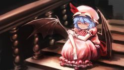Rule 34 | 1girl, bad id, bad pixiv id, bat wings, blue hair, closed eyes, frilled skirt, frills, hand on own arm, hat, highres, mo ne, mob cap, pink footwear, pink shirt, pink skirt, remilia scarlet, shirt, shoes, short hair, sitting, skirt, solo, stairs, sweatdrop, touhou, wings, wrist cuffs