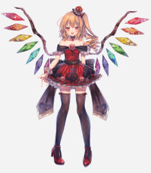 Rule 34 | 1girl, abandon ranka, alternate costume, bare shoulders, black thighhighs, blonde hair, choker, crown, dress, drill hair, flandre scarlet, flower, full body, grey background, high heels, highres, long hair, looking at viewer, mini crown, nail polish, red dress, red eyes, red flower, red footwear, red nails, red rose, rose, shoes, short dress, simple background, smile, solo, standing, thighhighs, touhou, wings, wrist cuffs