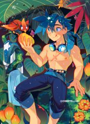 Rule 34 | 1boy, absurdres, barefoot, bird, blue eyes, blue hair, branch, commentary, constellor, cross scar, feeding, feeding animal, food, fruit, goggles, goggles around neck, highres, holding, holding food, holding fruit, long hair, male focus, original, pants, pants rolled up, plant, ponytail, scar, scar on chest, symbol-only commentary, topless male, unworn shirt, wet