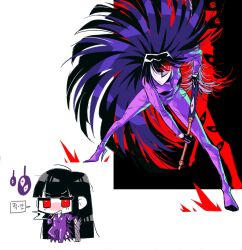 Rule 34 | 1girl, black hair, bodysuit, e.g.o (project moon), floating hair, grin, high heels, highres, limbus company, long hair, long sleeves, looking at viewer, multiple views, nyak 138, project moon, purple bodysuit, red eyes, ryoshu (project moon), simple background, smile, spider bud, very long hair, white background