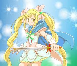 Rule 34 | 1girl, blonde hair, blue background, bow, cape, choker, cure echo, frills, hair ribbon, highres, hoshikawa tsukimi, light particles, long hair, magical girl, md5 mismatch, pink bow, precure, precure all stars new stage: mirai no tomodachi, precure all stars new stage 3: eien no tomodachi, resolution mismatch, ribbon, sakagami ayumi, skirt, smile, solo, source larger, sword, twintails, waist bow, weapon, white choker, wrist cuffs, yellow eyes
