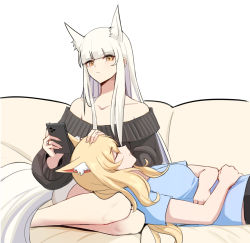 Rule 34 | 2girls, animal ear fluff, animal ears, arknights, bare shoulders, black sweater, blue shirt, breasts, collarbone, couch, extra ears, headpat, holding, holding phone, horse ears, horse girl, horse tail, lap pillow, looking at viewer, lying, multiple girls, nearl (arknights), off-shoulder sweater, off shoulder, on back, on couch, phone, platinum (arknights), shirt, sidelocks, simple background, sitting, sleeping, small breasts, supershrimpcakes, sweater, t-shirt, tail, white background, yellow eyes, yuri
