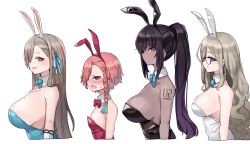 Rule 34 | 4girls, akane (blue archive), akane (bunny) (blue archive), animal ears, arm tattoo, asuna (blue archive), asuna (bunny) (blue archive), bare shoulders, blue archive, blue eyes, blue neckwear, blue ribbon, bow, bowtie, braid, breasts, brown hair, bust chart, dark-skinned female, dark skin, detached collar, fake animal ears, female focus, flat chest, glasses, hair ribbon, height difference, justeeeeth, karin (blue archive), karin (bunny) (blue archive), large breasts, leotard, long hair, looking at viewer, mole, mole on breast, multiple girls, neru (blue archive), neru (bunny) (blue archive), number tattoo, pink hair, playboy bunny, ponytail, profile, rabbit ears, red eyes, red neckwear, ribbon, short hair, simple background, single braid, tattoo, traditional bowtie, upper body, white background, yellow eyes