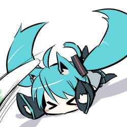 Rule 34 | &gt; &lt;, 1girl, ahoge, animal ears, aqua hair, bad id, bad pixiv id, blush stickers, cat ears, cat tail, chibi, closed eyes, detached sleeves, falling, hatsune miku, kemonomimi mode, long hair, mizuki (koko lost), simple background, solo, spring onion, tail, thighhighs, twintails, very long hair, vocaloid