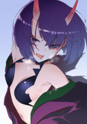 Rule 34 | 1girl, absurdres, bare shoulders, blue background, blush, bob cut, breasts, collarbone, eyeliner, fang, fate/grand order, fate (series), gradient background, highres, horns, japanese clothes, kimono, kobo (cobo 0609), long sleeves, looking at viewer, makeup, off shoulder, oni, open mouth, purple eyes, purple hair, purple kimono, revealing clothes, short eyebrows, short hair, shuten douji (fate), skin-covered horns, small breasts, solo, tongue, tongue out