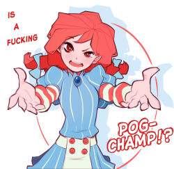 Rule 34 | 1girl, bow, braid, breasts, buttons, creux, dress, english text, fingernails, freckles, gem, hair bow, hair ornament, long hair, looking at viewer, meme, my little pogchamp (meme), open mouth, outstretched arms, pov, profanity, puffy sleeves, red hair, sharp fingernails, simple background, solo, striped, twin braids, twintails, wendy&#039;s, wendy (wendy&#039;s), white background