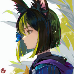 Rule 34 | 1boy, animal, animal ears, black hair, blue butterfly, bob cut, bug, butterfly, butterfly on nose, chinese commentary, commentary, fox boy, fox ears, from side, genshin impact, green eyes, green hair, hood, hood down, insect, looking at animal, male focus, multicolored hair, portrait, profile, short hair, tighnari (genshin impact), white background, xuedaixun