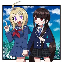 Rule 34 | 2girls, :d, ahoge, akamatsu kaede, alternate costume, black skirt, blonde hair, blue neckwear, blue shirt, blue skirt, blunt bangs, blush, border, breasts, collared shirt, commentary, cowboy shot, danganronpa (series), danganronpa v3: killing harmony, day, diagonal-striped clothes, diagonal-striped necktie, diagonal-striped neckwear, furukawa (yomawari), hair ornament, hair over shoulder, hand up, harukawa maki, highres, holding, holding hands, holding own hair, index finger raised, jacket, long hair, long sleeves, looking at another, low twintails, mole, mole under eye, multiple girls, neckerchief, necktie, open mouth, outside border, plaid, plaid skirt, pleated skirt, purple eyes, red eyes, sailor collar, school uniform, shirt, skirt, smile, striped clothes, striped neckwear, symbol-only commentary, teeth, twintails, upper teeth only, white border, white shirt