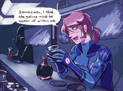 Rule 34 | 1girl, 1other, alcohol, alien, artist name, bar (place), blonde hair, blue bodysuit, bodysuit, commentary, cup, english commentary, english text, facial scar, glass, green eyes, hair between eyes, highres, holding, holding cup, metroid, mole, mole under mouth, nintendo, open mouth, plate, ponytail, samus aran, sarracenian, scar, scar on cheek, scar on face, science fiction, sidelocks, signature, solo focus, speech bubble, spirits (alcohol), window, zero suit