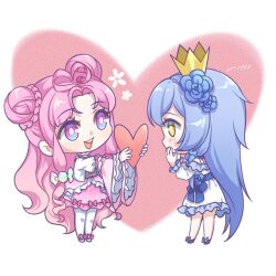 Rule 34 | 2girls, :d, bare legs, blue eyes, braid, braided bun, chibi, crown, double bun, dress, full body, giving, hair bun, hand on own cheek, hand on own face, heart, highres, holding, holding heart, kumu zaisheng, long hair, long sleeves, looking at another, mini crown, multiple girls, open mouth, original, pantyhose, pink dress, pink hair, purple eyes, smile, teeth, upper teeth only, very long hair, white background, white dress, white pantyhose, wide sleeves, yellow eyes