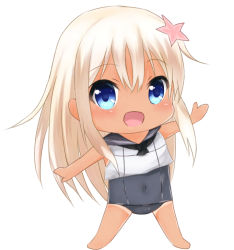 Rule 34 | 10s, 1girl, :d, bad id, bad pixiv id, bare shoulders, blonde hair, blue eyes, chibi, crop top, hair ornament, kantai collection, long hair, neckerchief, one-piece swimsuit, open mouth, ro-500 (kancolle), school swimsuit, school uniform, serafuku, shirt, simple background, sleeveless, sleeveless shirt, smile, solo, swimsuit, tan, white background, yuzuru (hayuiop123)